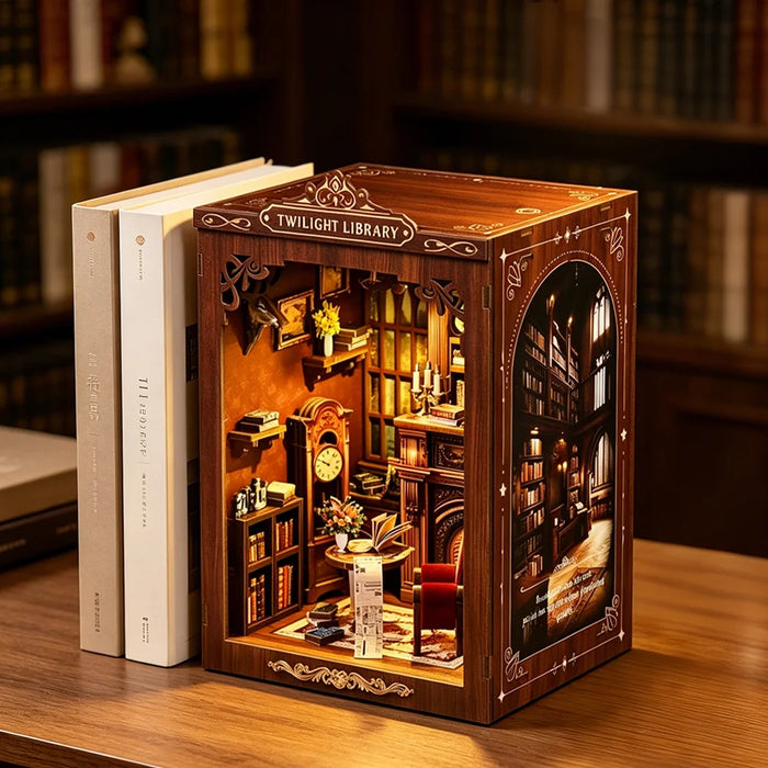 Twilight Library DIY Wooden Bookend Miniature Cottage with Touch LED