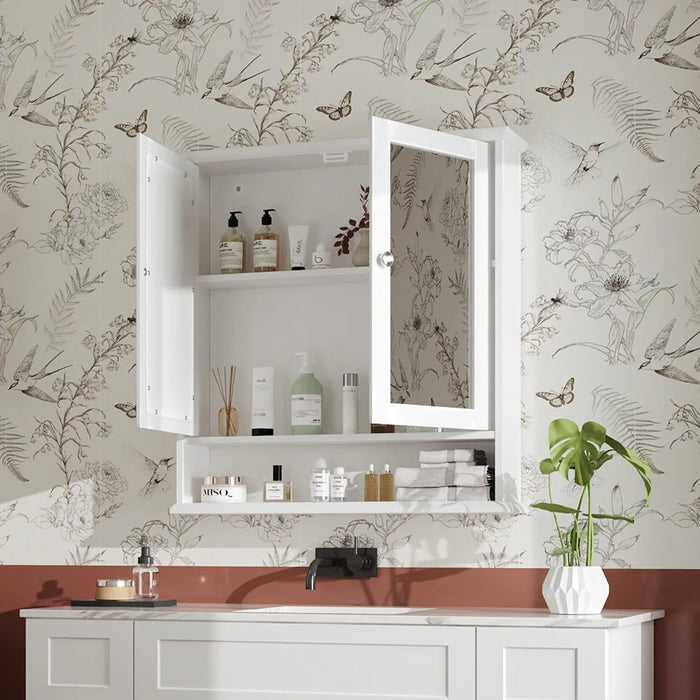 Double‑Door Wall‑Mounted Mirror Cabinet with Open Shelves, 56 x 13 x 58cm, White