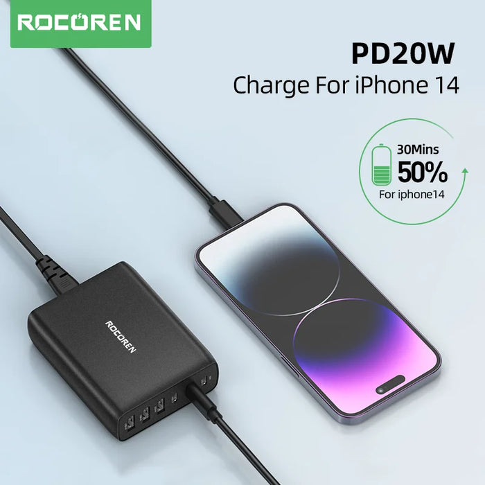 100W GaN 6‑Port Desktop Charger — 3×USB‑C (PD) + 3×USB‑A, 1.5m Cable