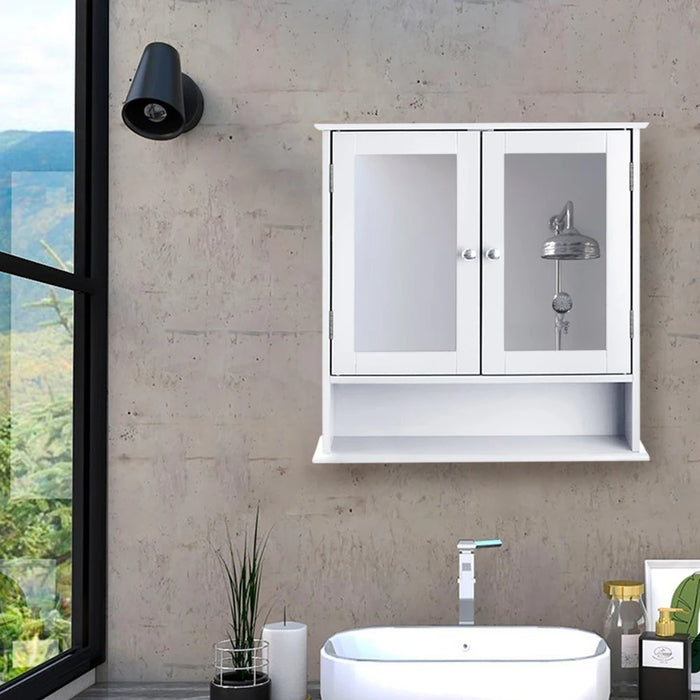 Double‑Door Wall‑Mounted Mirror Cabinet with Open Shelves, 56 x 13 x 58cm, White