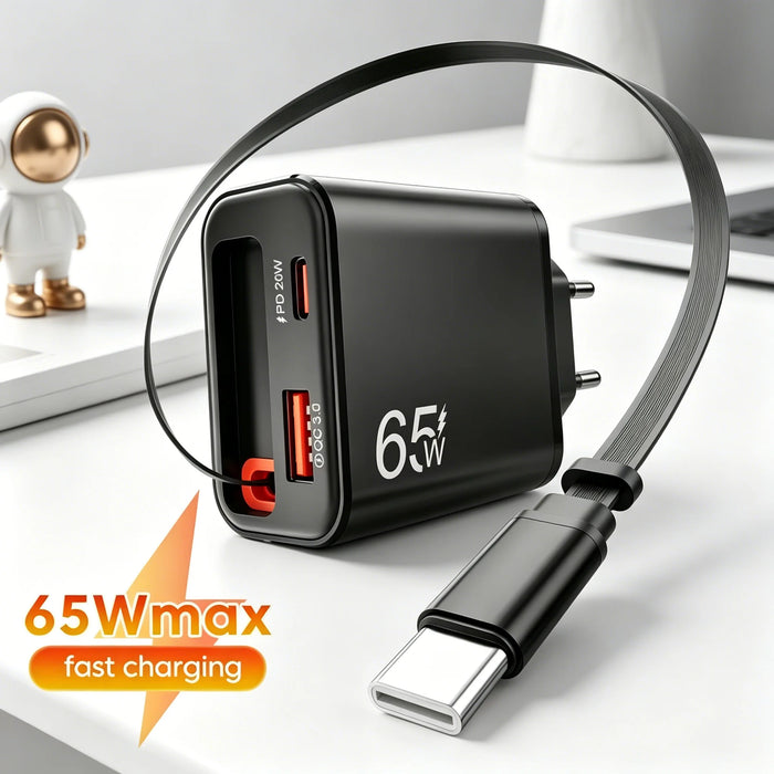 65W USB Wall Charger with Retractable USB‑C Cable — PD & QC3.0 Fast Charge