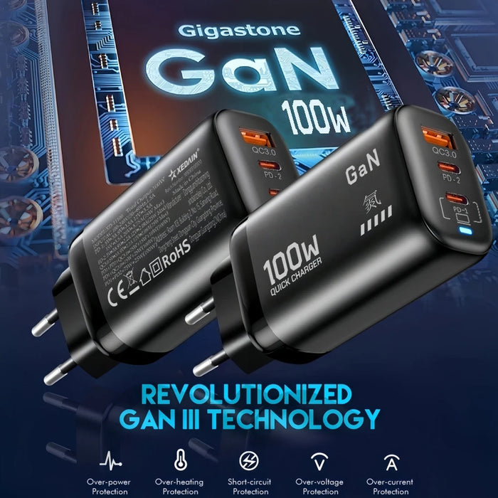 100W GaN USB‑C PD Charger with QC 3.0 — 2x Type‑C + USB‑A, Fast Charge for iPhone 15/16/17 Pro Max, iPad, Samsung & Xiaomi