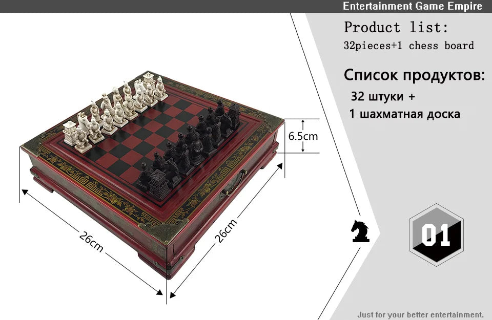 Retro Terracotta Warriors Chess Set — 26 cm Wooden Board with Resin Chessmen