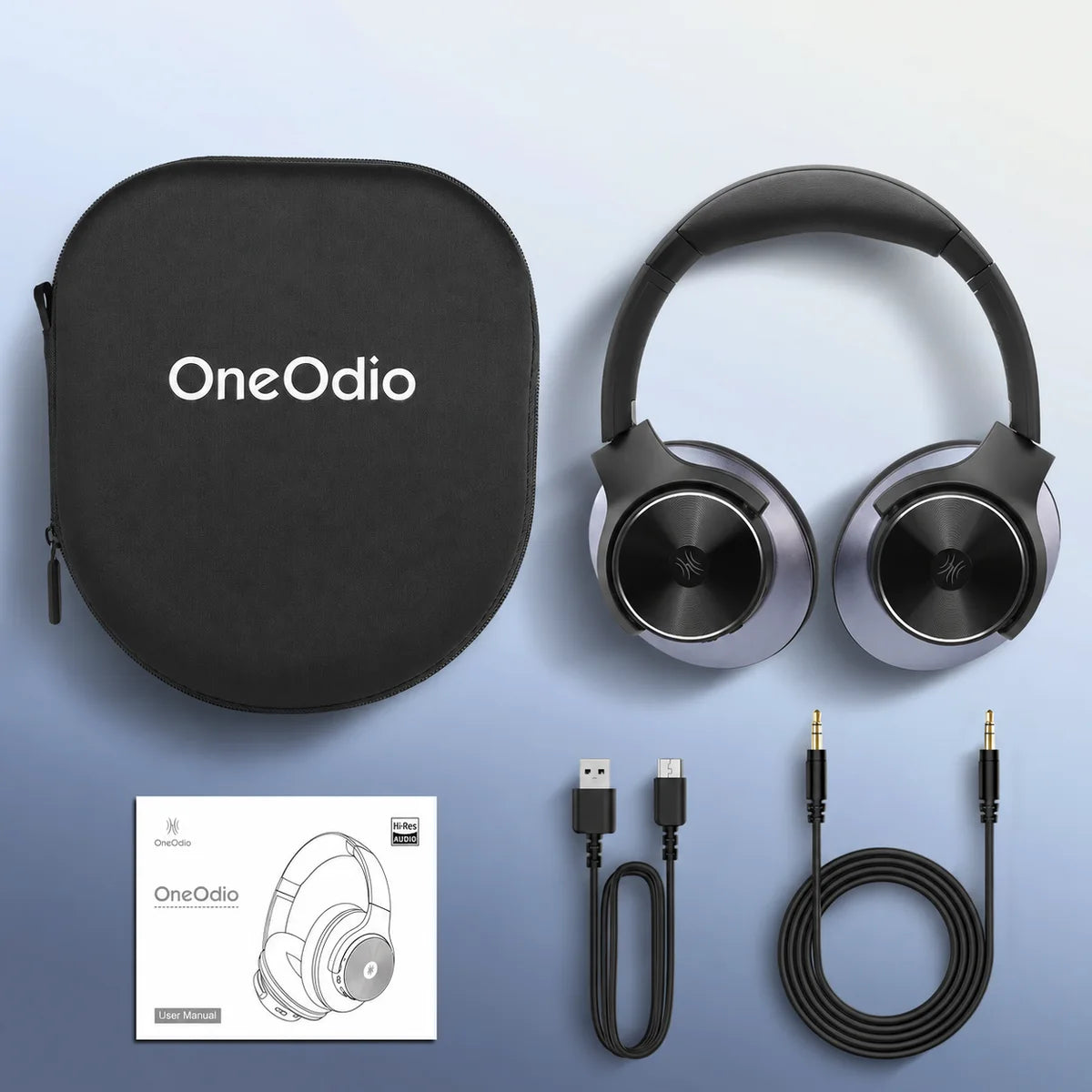 Accessoires inclus d’origine : casque audio, étui de transport OneOdio EVA, câble USB-C, câble 3,5 mm et guide d’utilisation