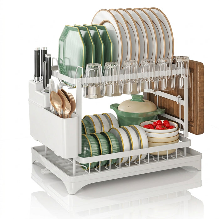 2-Tier Metal Dish Drainer with Draining Spout, Cutlery & Cup Holders