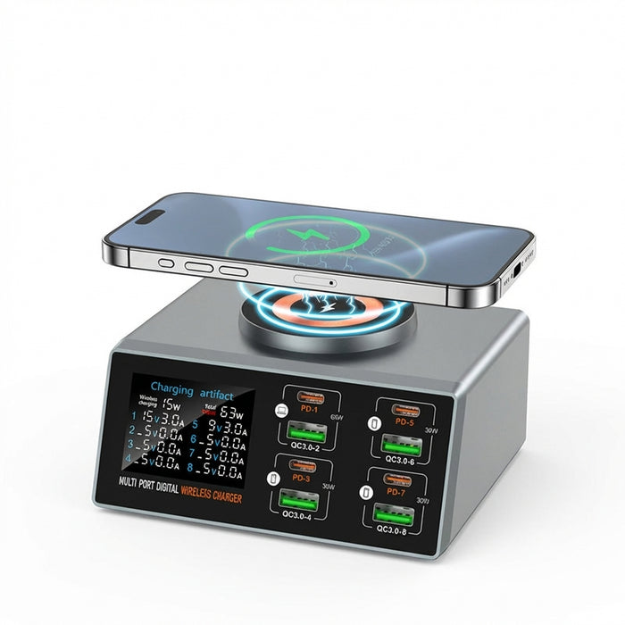 140W 8‑Port GaN Fast Charger Station with Qi2 Wireless Pad — Travel & Home