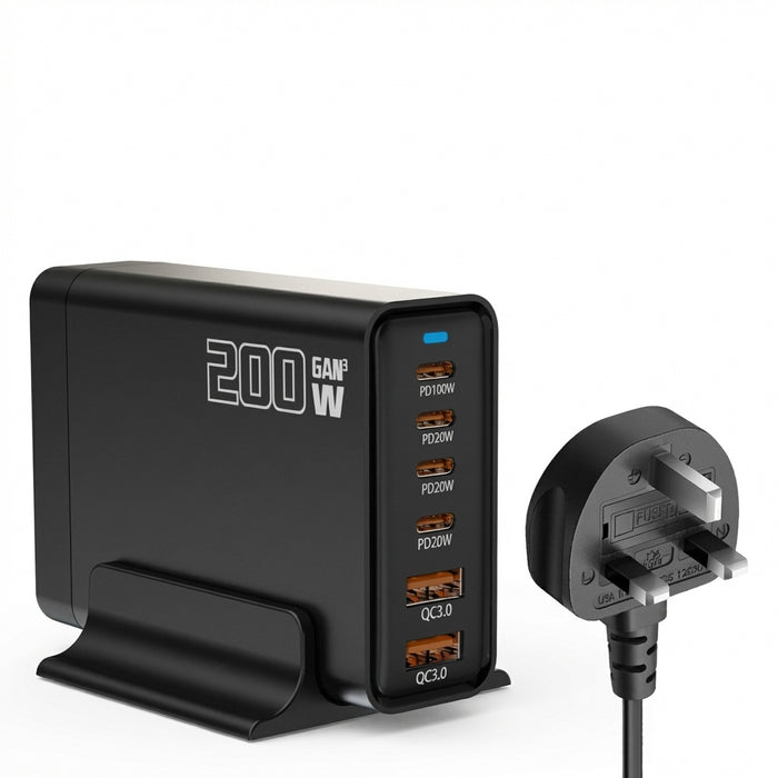 200W GaN 5‑Port USB‑C Fast Charger — Desktop Hub for MacBook Pro/Air & iPad Pro