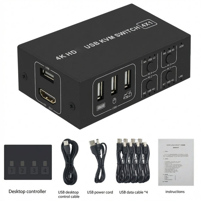 4-Port HDMI KVM Switch 4-in-1 — 4K@60Hz with Desktop Controller, Share Monitor, Keyboard & Mouse