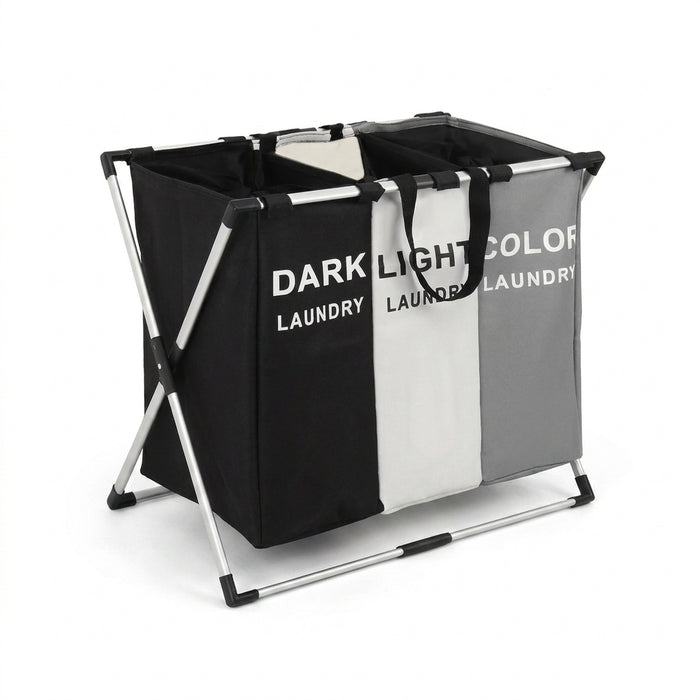 Foldable Laundry Basket with Aluminium Frame & 600D Oxford Fabric — 3‑Grid Large Capacity