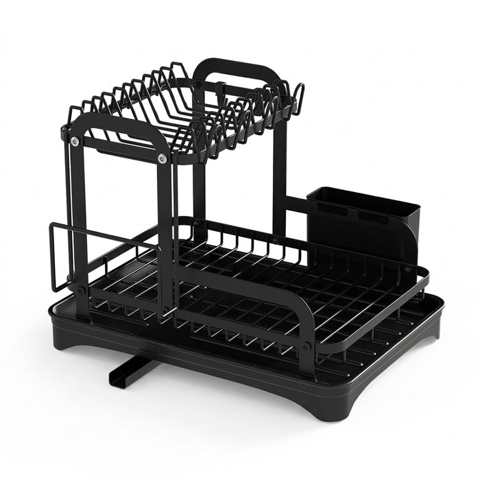 2-Tier Wrought Iron Dish Drainer with 360° Drainage & Drainboard