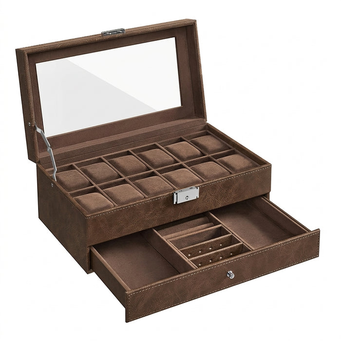 2-Tier Watch Box with Glass Lid — Holds 12 Watches, Lockable Drawer