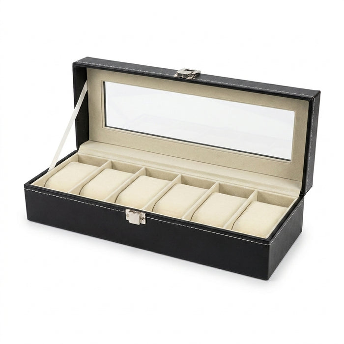 12-Slot Watch Box — Grey PU Leather with Clear Window & Velvet Lining
