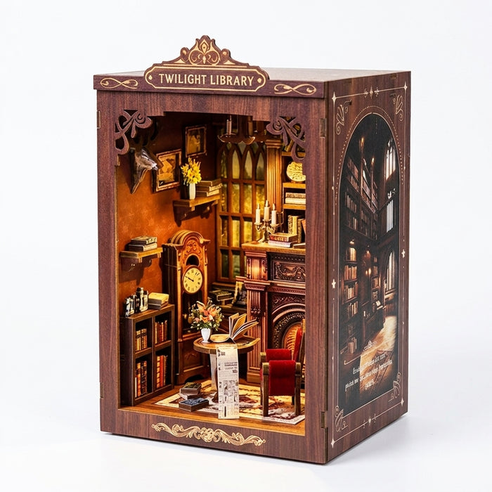 Twilight Library DIY Wooden Bookend Miniature Cottage with Touch LED