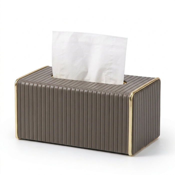 White Rectangular Leather Tissue Box Cover with Gold-Tone Edging — Small 16×11.5×8cm