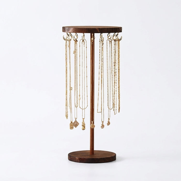 Wooden Jewellery Organiser Tower — 12 or 18 Golden Hooks, Round Base