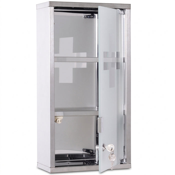 Lockable Wall‑Mounted Medicine Cabinet with Safety Glass Door, Silver, 48cm