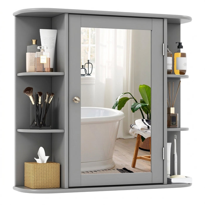 3-Tier Mirrored Bathroom Cabinet — Wall-Mounted with Display Shelves, Grey