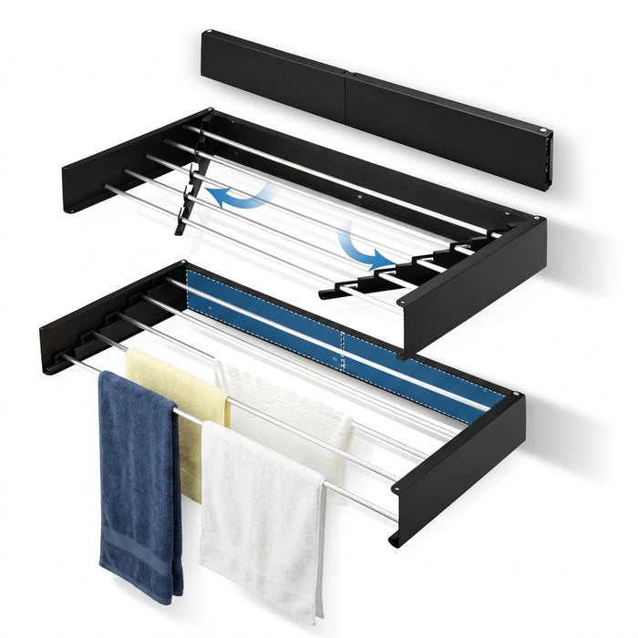 Collapsible Wall-Mounted Laundry Drying Rack — 5 aluminium rods, space-saving