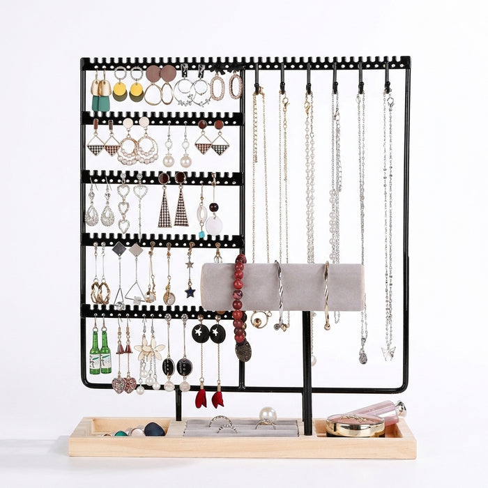 Metal Jewellery Organiser Stand with Wooden Tray — Multi‑Functional Storage