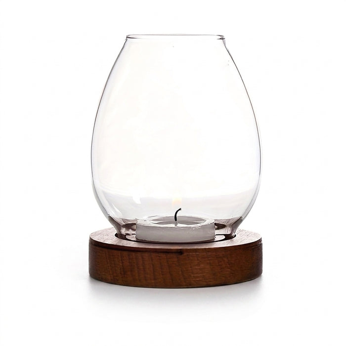 European Clear Glass Candle Holder with Wooden Base | Warm Ambient Lighting
