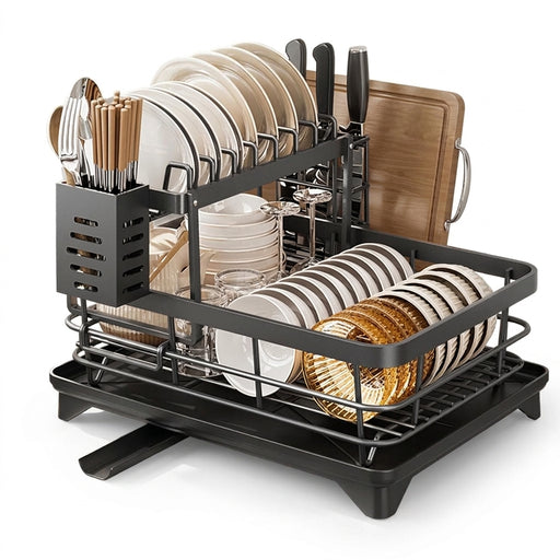 2-Tier Dish Drainer Rack with Drip Tray and Swivel Drain Spout, Utensil & Cup Holders