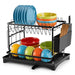 2-Tier Black Carbon Steel Dish Drying Rack with Drip Tray & Utensil Holder