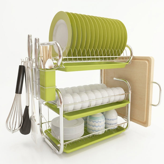 3-Tier Chrome Kitchen Drying Rack with Drip Tray
