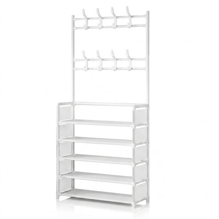 5-Tier Metal Coat & Shoe Rack with 8 Hooks — White