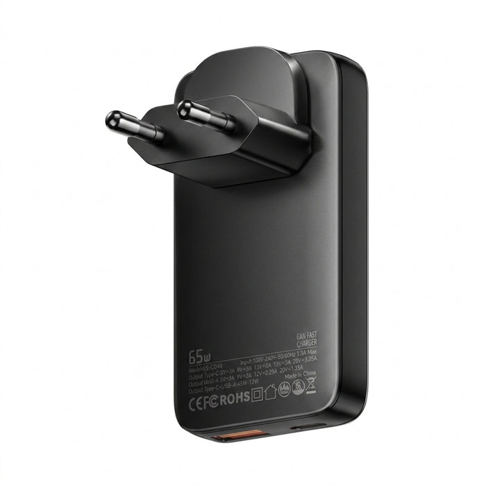 65W GaN USB-C PD & QC 3.0 Fast Charger – USB-C + USB-A, EU/UK/US Plug