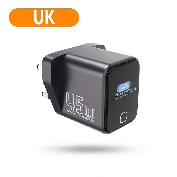 45W USB‑C PD GaN Fast Charger with AI Touch Screen — for iPhone 17/16/15, Samsung, Xiaomi, Huawei