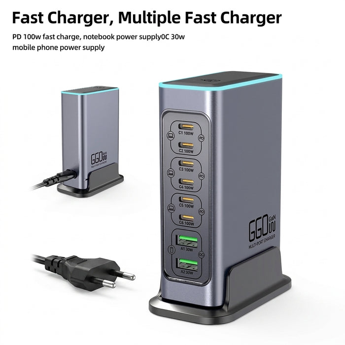660W GaN 8-Port Desktop Charger — 100W USB‑C PD & Quick Charge 3.0
