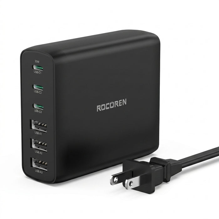 100W GaN 6‑Port Desktop Charger — 3×USB‑C (PD) + 3×USB‑A, 1.5m Cable