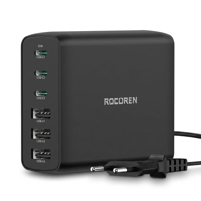 100W GaN 6‑Port Desktop Charger — 3×USB‑C (PD) + 3×USB‑A, 1.5m Cable