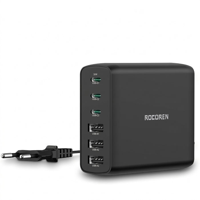 100W GaN 6‑Port Desktop Charger — 3×USB‑C (PD) + 3×USB‑A, 1.5m Cable