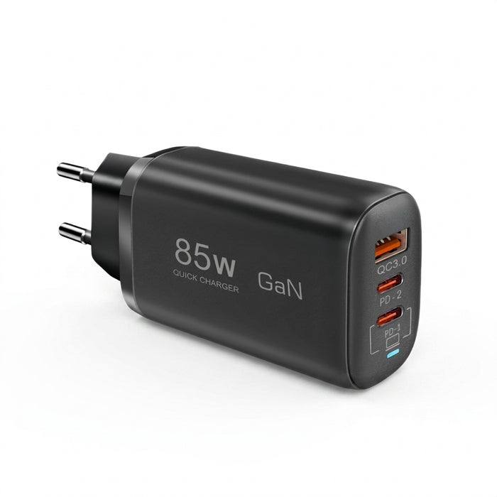 85W GaN USB‑C Charger – PD/PPS/QC Fast Charge, 2x USB‑C + USB‑A (UK/EU/US/KR)