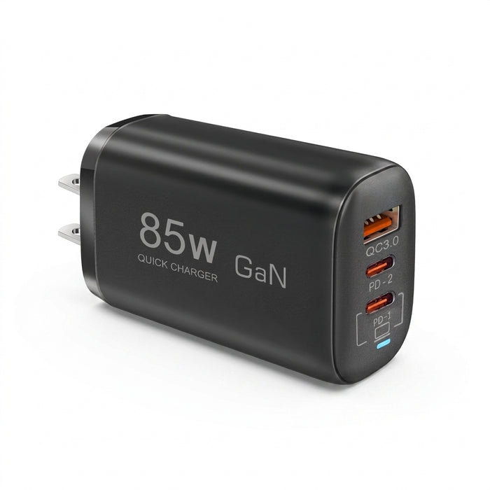 85W GaN USB‑C Charger – PD/PPS/QC Fast Charge, 2x USB‑C + USB‑A (UK/EU/US/KR)
