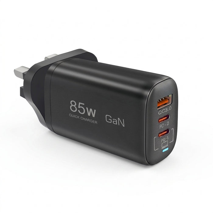85W GaN USB‑C Charger – PD/PPS/QC Fast Charge, 2x USB‑C + USB‑A (UK/EU/US/KR)