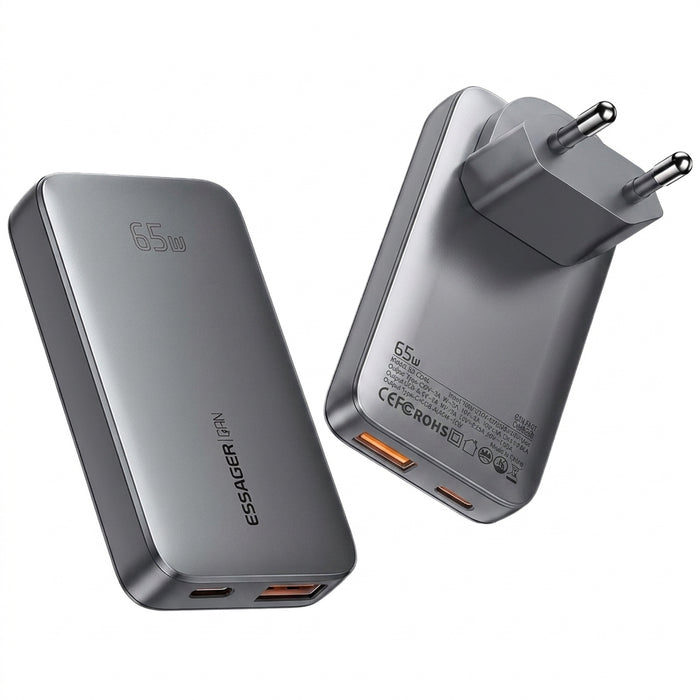 65W GaN USB‑C PD Fast Charger — USB‑A + USB‑C with QC 3.0, UK/EU/US plugs