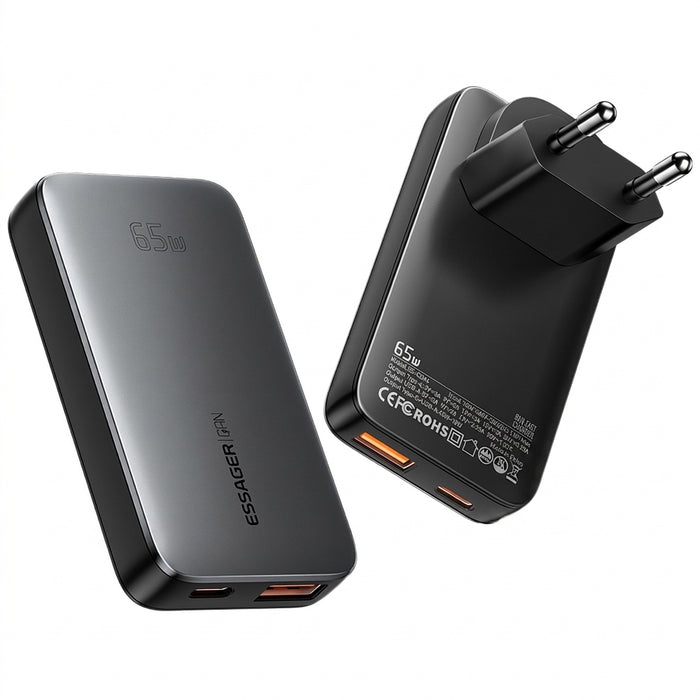 65W GaN USB‑C PD Fast Charger — USB‑A + USB‑C with QC 3.0, UK/EU/US plugs