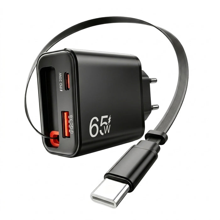 65W USB Wall Charger with Retractable USB‑C Cable — PD & QC3.0 Fast Charge