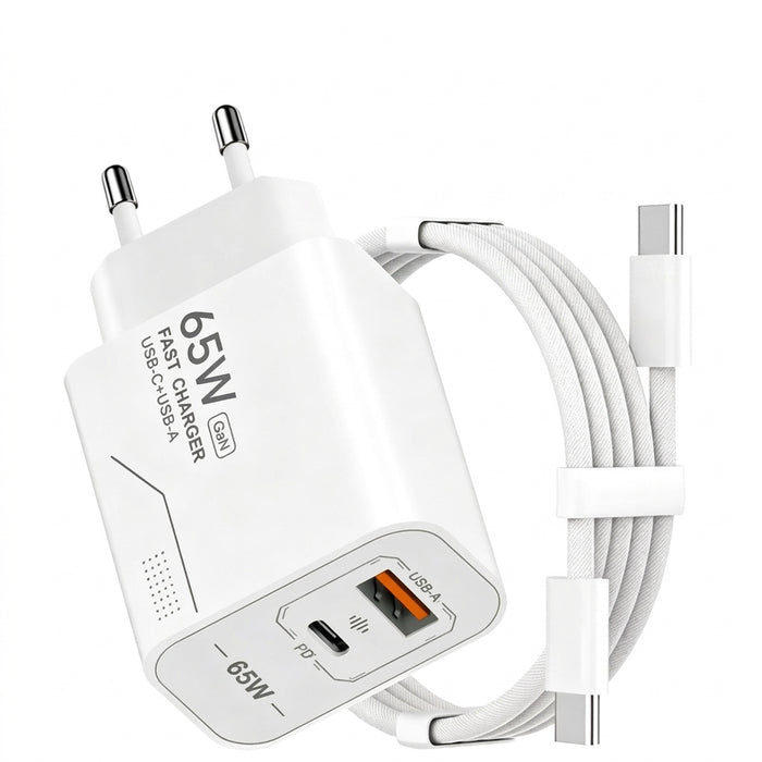 65W GaN Dual-Port USB Charger — USB-C & USB-A, EU/US Plug Options
