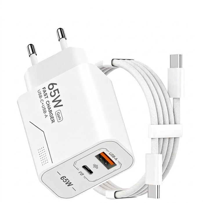 65W GaN Dual-Port USB Charger — USB-C & USB-A, EU/US Plug Options