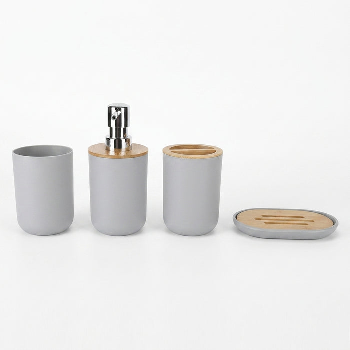 4-piece Bamboo-Accent Bathroom Set — Dispenser, Toothbrush Holder, Tumbler & Soap Dish
