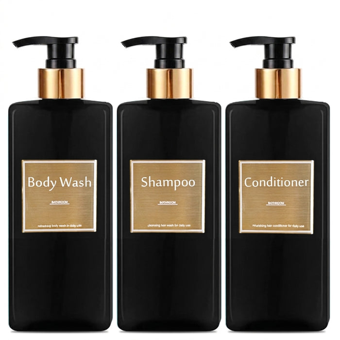 Refillable Shower Soap Dispenser Set – Plastic Shampoo, Conditioner & Hand/Dish Bottles (Brown or Black)