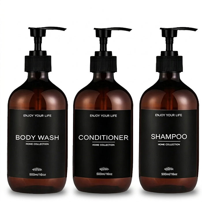 Set of 5 Amber 500ml Refillable Pump Bottles – Empty Dispensers for Shampoo, Conditioner, Hand & Dish Soap