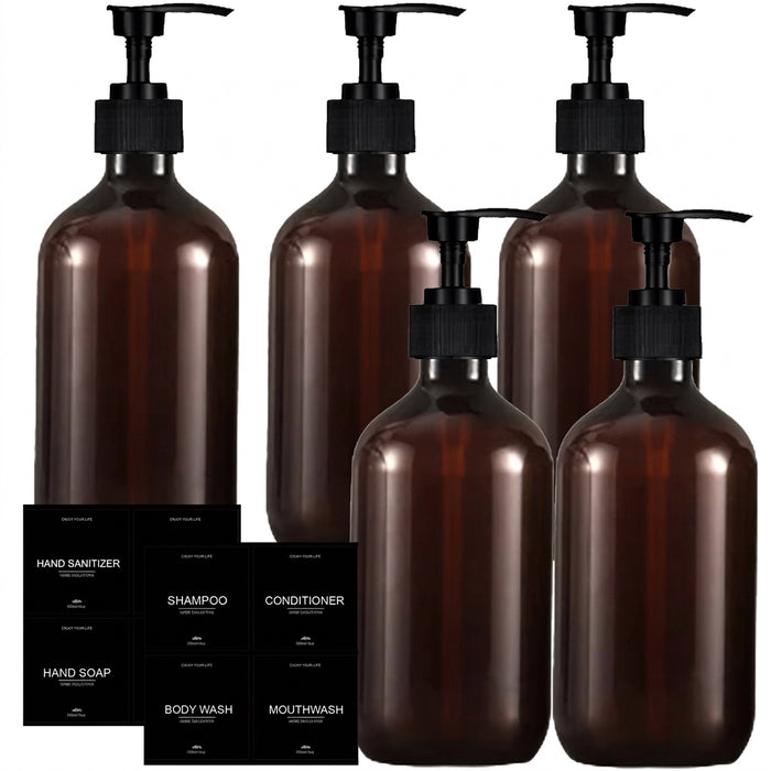 Set of 5 Amber 500ml Refillable Pump Bottles – Empty Dispensers for Shampoo, Conditioner, Hand & Dish Soap