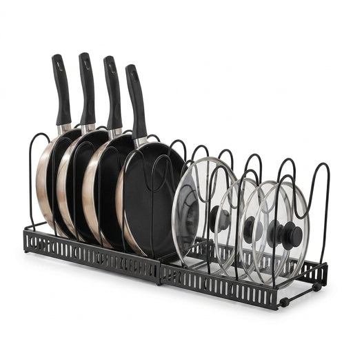 Expandable Pan Organiser Rack with 10 Adjustable Dividers — Pot Lid Holder for Kitchen Cupboards