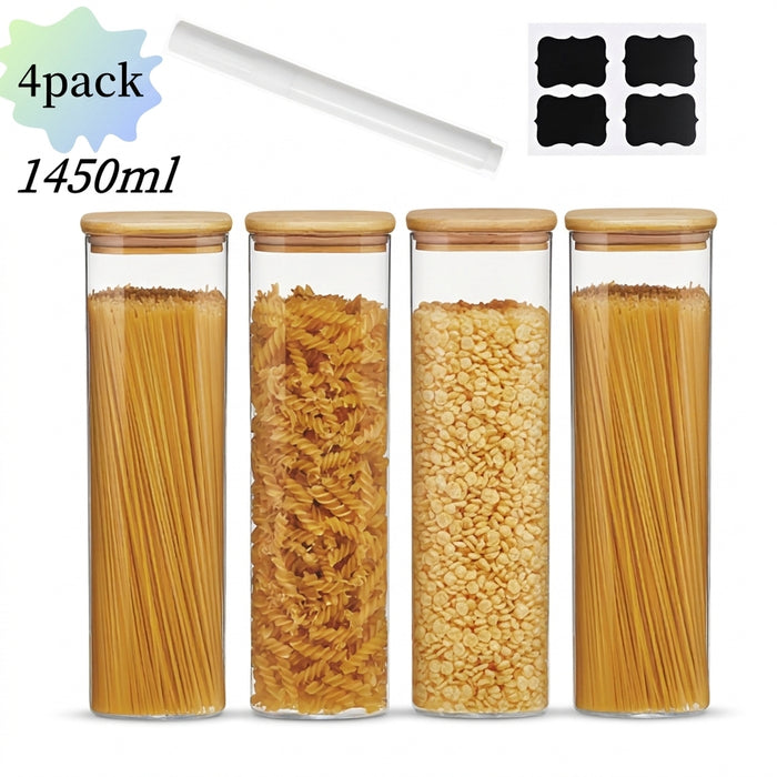 Square Borosilicate Glass Storage Jars with Bamboo Lids — 1450ml, 2 or 4 Pack