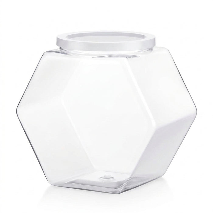 Clear Hexagonal Candy & Cookie Jar with Lid — Reusable Plastic Countertop Organiser