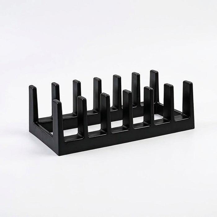 6-Compartment Pot Lid Organiser – Space-Saving Plastic Kitchen Rack (Grey/Black)